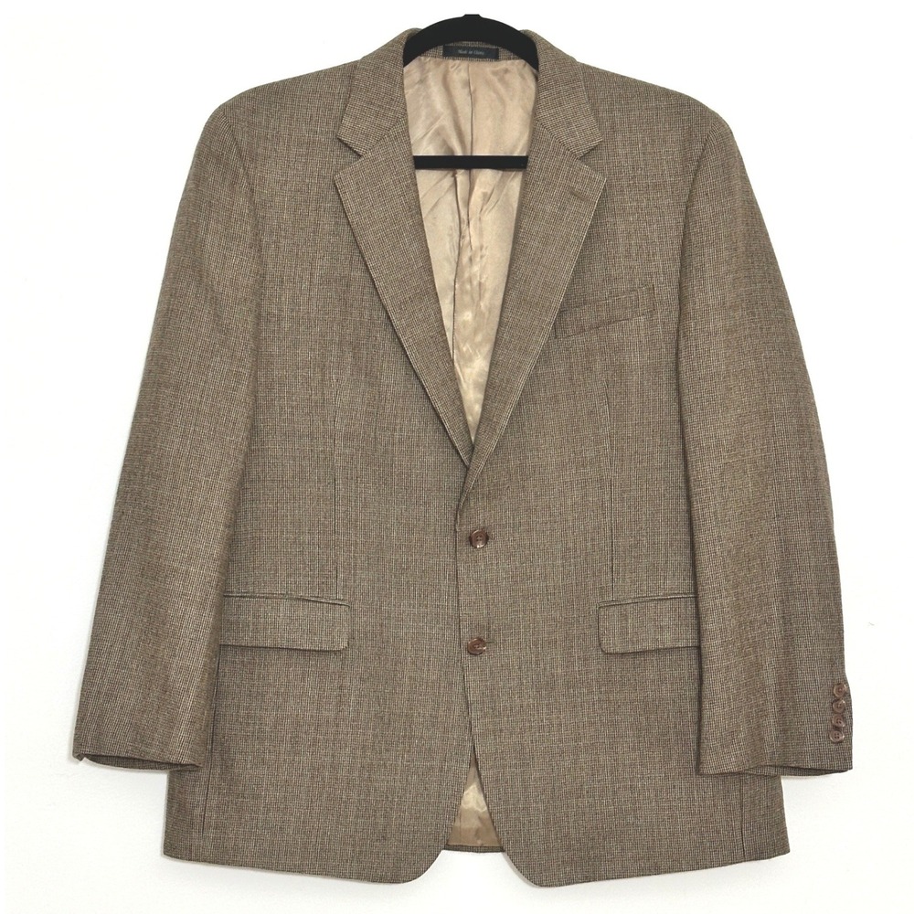 LRL Ralph Lauren Men Jacket 46L Brown MiniCheck 100% Lambswool Blazer Sport Coat
